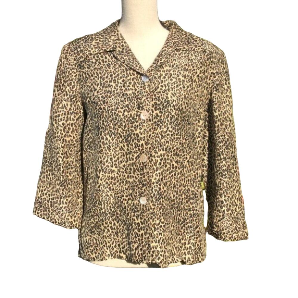 Silk Land Silk Pure Cheetah Print Button Top Size 4 100% Silk Animal Print Sassy